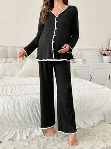 Soft Contrast Color Button Up Casual Maternity Nursing Lounge Wear Set - Black - View 5