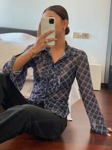 DAZY Casual Summer Plaid Mesh Long Sleeve Ruffled Collar Top For Women Sheer,Fall Clothes School - Black - View 6
