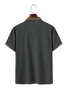 Manfinity Homme Men's Solid Color Patchwork Front Button Short Sleeve Casual Top, Simple And Everyday Wear Men Golf Shirts Casual Men Tops - Grey - View 2