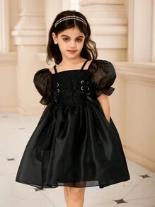 SHEIN Glamorique Kids Young Girl Solid Color Mesh Panel Short Sleeve Casual Dress