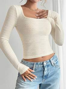 Chiquease Casual Commuter Square Neck Texture Stof Slim Fit Lange Mouw T-shirt Top, Veelzijdig & Flatterend