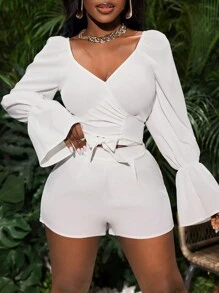 Slaydiva Set coordinado de 2 piezas de mujer con camisa de manga larga con cuello en forma de corazón y pantalones cortos de unicolor, para vacaciones