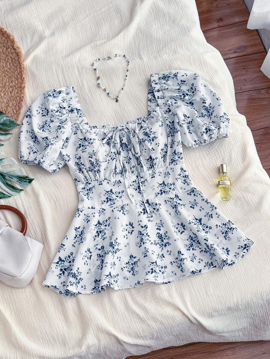 SHEIN PariChic 休閒度假風 前綁帶隨機印花碎花襯衫 - 藍色 - 查看 1