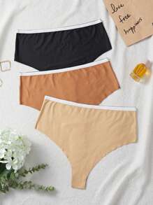 3pcs/Pack Plus Size Simple Contrast Color Waistband Letter Print Seamless Briefs - Multicolor - View 2