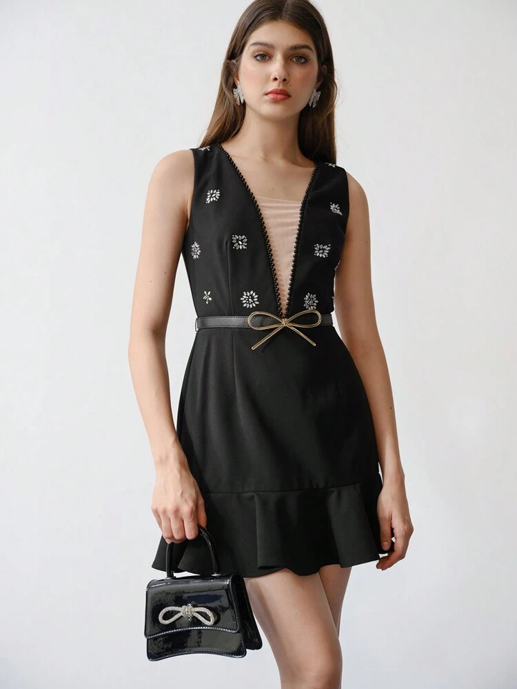 MOTF STUDIO RHINESTONE DETAIL RUFFLE HEM DRESS,SPRING/SUMMER