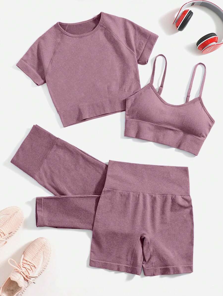 Easithlete 4pcs/Set Women Solid Color Minimalist Seamless Activewear Set Workout Women Set - Red Violet - View 1