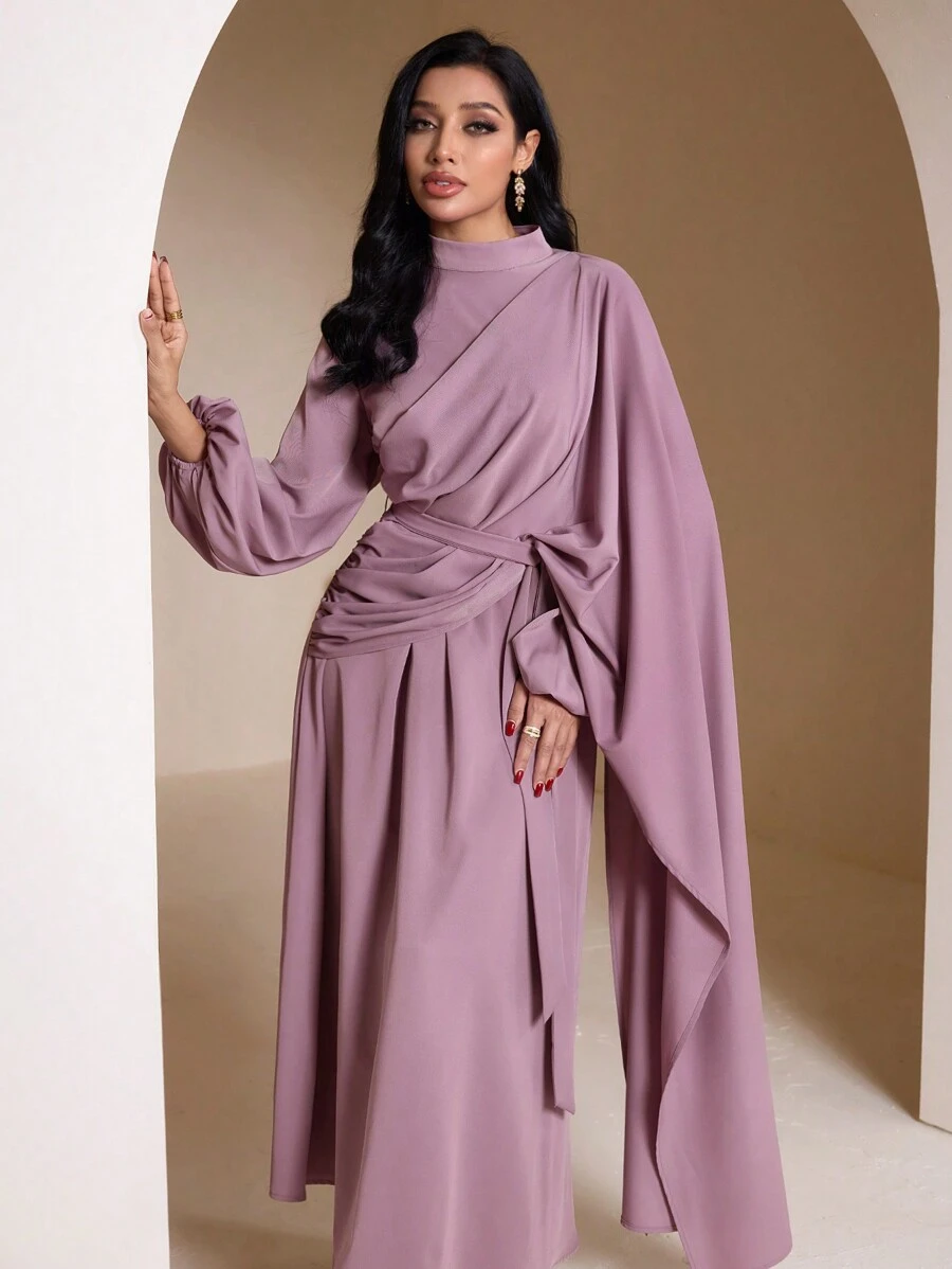 Veilorie 女士纯色立领灯笼袖褶皱优雅阿拉伯长裙端庄 - 淺灰紫 - 查看 1