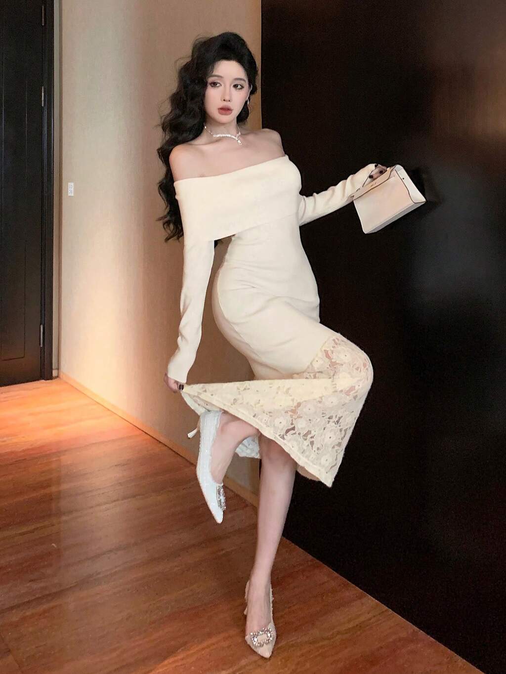 Off-The-Shoulder Lace Patchwork Ladies Sweater Dress,Fall Women Clothes Off Shoulder Top
