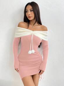 SHEIN Unity 女士露肩圣诞松紧腰短款性感修身毛衣连衣裙新年衣服 - 粉色 - 查看 3