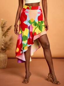 SHAQUITA GARCIA Designer Boho Bohemian Damen Mehrfarbiger niedlicher Blumen Muster asymmetrischer Rüschen Saum Rock, passend für Urlaub, Frühling, Strand, Festival, Ibiza - Verschiedenfarbig - Übersicht 6