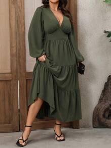 SHEIN LUNE Plus Size Women's V-Neck Lantern Sleeve Layered Hem Long Dress, Casual Commuting Vacation Wear, Spring/Autumn/Winter
