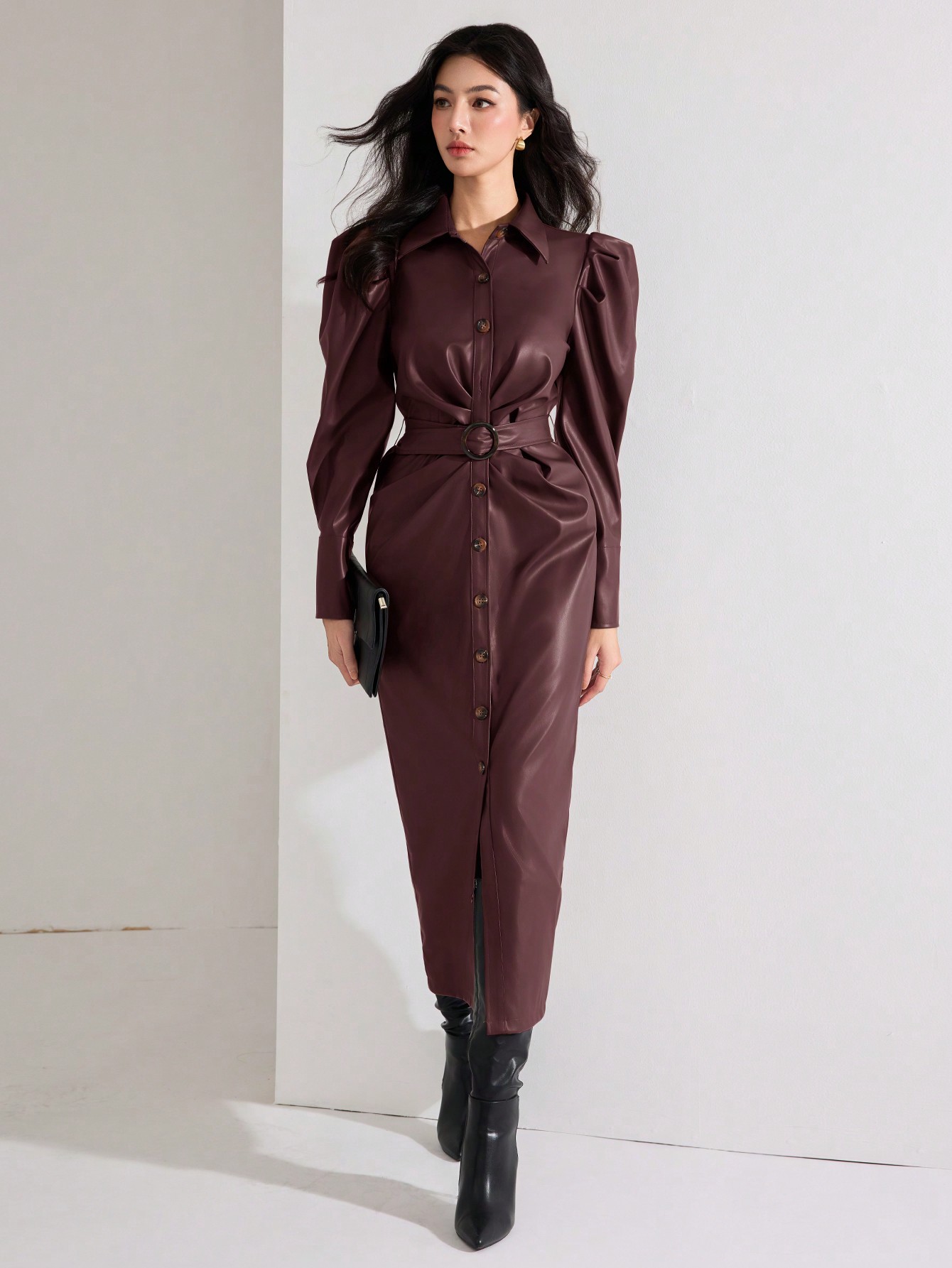 Heiryn فستان طويل بأكمام طويلة وياقة أزرار أمامية...