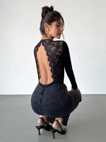 Firerie 女士蕾丝拼布露背扇贝边长袖紧身衣