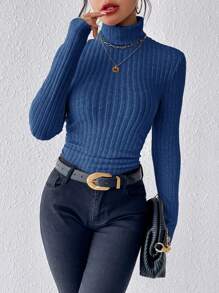 SHEIN Tall CURVE 大码女式高领罗纹针织纹理面料 T 恤