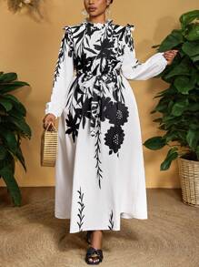 Slaydiva Vestido elegante de talla grande para mujer con estampado floral, cuello con volantes y mangas farol