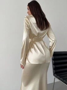 SHEIN Privé Elegant Autumn Cream Shawl Collar Cinched Waist Blazer & V-Waist Slim Fit Fishtail Skirt Suit Set,Minimalist Retro Light Luxury Office Dining,Winter - Apricot - View 9