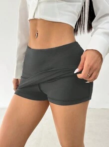 SHEIN PETITE Ladies' Summer Casual Solid Color Low Waist Mini Skirt - Dark Grey - View 7