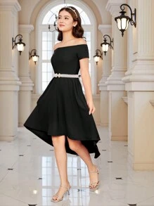 Vestido corto de estilo minimalista para adolescentes, con escote descubierto, cuello elástico y manga corta, de punto y casual - Negro - Ver 6