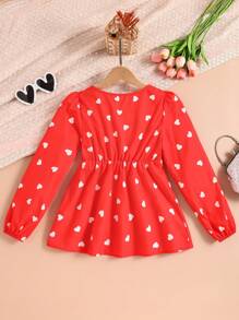 SHEIN Áo babydoll tay dài cổ vuông in hình trái tim màu đỏ thanh lịch dành cho bé gái tuổi teen, kiểu dáng gia đình (2 chiếc bán riêng lẻ) - Đỏ - Xem 2