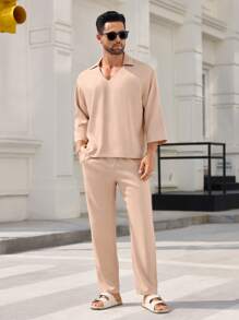 Manfinity VCAY 2pcs Men's Woven Slim Fit V-Neck 3/4 Sleeve Jacket Set, Suitable For Everyday Wear
