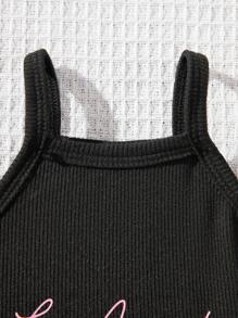 SHEIN 2pcs/Set Baby Girl Summer Cute Solid Color Knitted Letter Graphic Romper Outfit - Multicolor - View 4