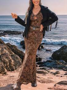 Opulessa Bohemian V-Neck Long Sleeve Paisley Print Semi-Sheer Dress For Women, Brown Dress, Mexican Women Dress,For Autumn And Winter