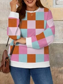 SHEIN LUNE 大码女式拼色格子印花休闲长袖圆领宽松套头运动衫，秋冬 - 彩色 - 查看 4