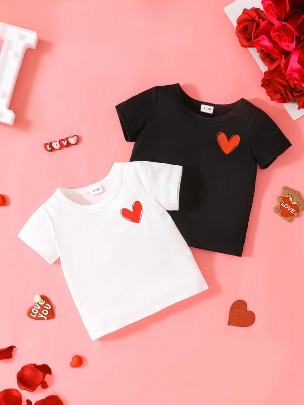 2pcs/Set Baby Boys Valentine's Heart Print Casual Round Neck Short Sleeve T-Shirts, All-Match Versatile Style, Soft Knit Fabric, Suitable For Spring & Summer Daily, Outdoor, Travel,Valentines T-Shirt,Valentine's Day Kids Outfit,Valentine Tops,Unisex Baby Clothes,Kid Clothes,Toddler Clothes, Baby Outfit, 6M-3T