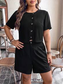 SHEIN LUNE Women Plus Size Round Neck Short Sleeve Button Front Shirt & Loose Shorts 2pcs Casual Set