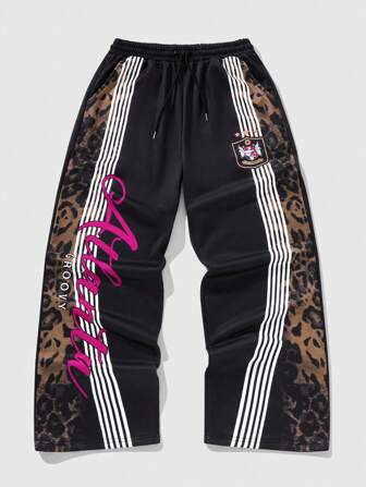 Street Life Pantalon de survêtement pour hommes avec cordon de serrage à la taille, motif rayé et lettre graphique, coupe ample et jambes larges, pour rave