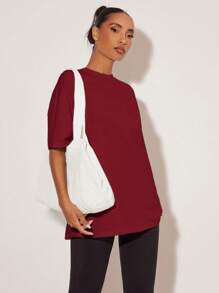 SHEIN BASICS 女士纯色休闲简约时尚 T 恤适合日常穿着 - 酒紅色 - 查看 3