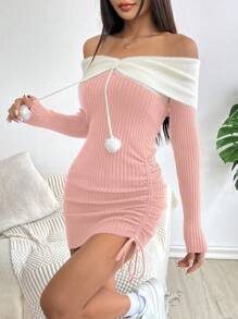 SHEIN Unity 女士露肩圣诞松紧腰短款性感修身毛衣连衣裙新年衣服 - 粉色 - 查看 5