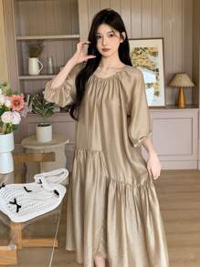 DAZY 女士春夏中长款亚麻衬衫裙 - 卡其色 - 查看 4