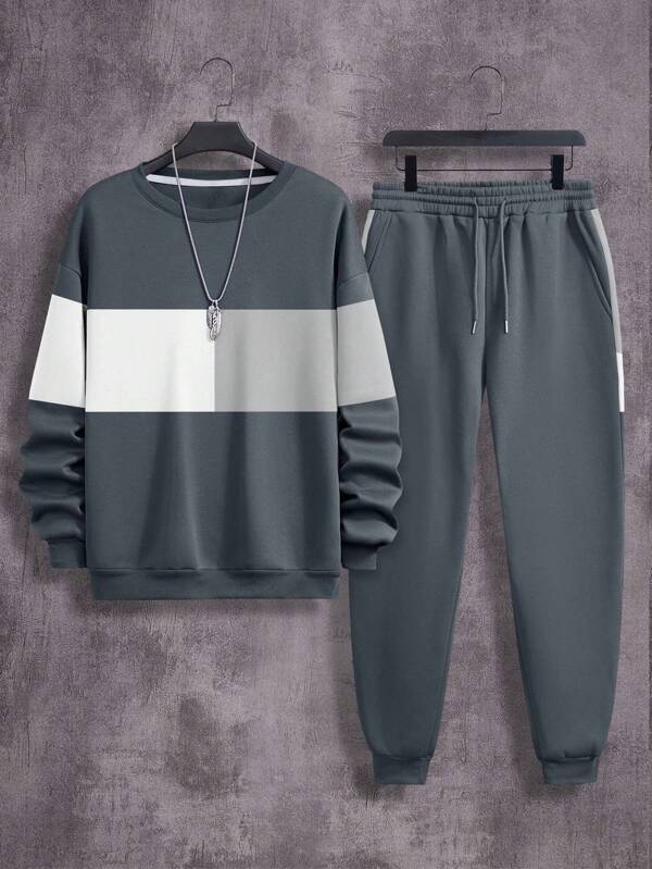 Manfinity Dauomo Plus Size Men's Contrast Color Crew Neck Long Sleeve Sweatshirt And Sweatpants Casual Suit