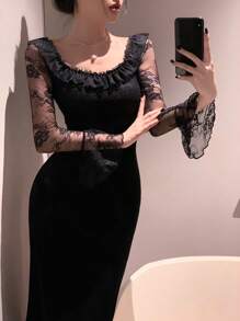 DAZY Square Neck Lace Patchwork Mid-Length Dress For Women Prom Dress,Ruffle