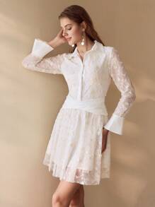 MOTF PREMIUM 花卉刺绣褶饰喇叭袖连衣裙