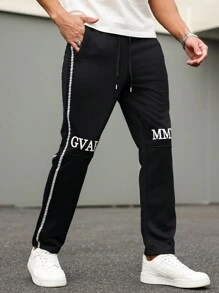 Manfinity Homme Calça de Moletom Casual Reta, Solta, com Estampa de Letras, Cordão de Ajuste na Cintura e Bolso com Zíper para Homens - Preto - Visão 6