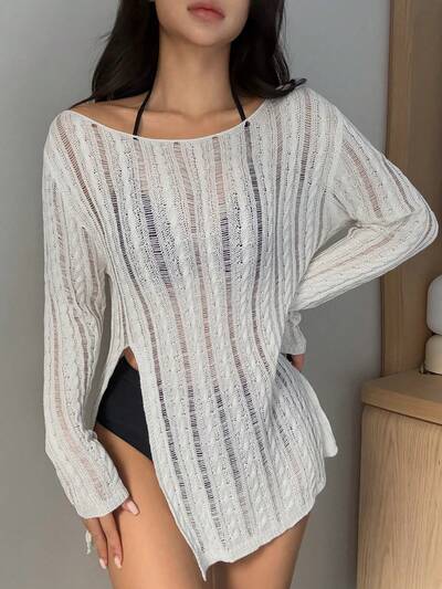 1pc Women's Slim Fit Side Slit Sheer Solid Color Casual Sweater, Minimalist Fashion Design For Everyday Wear Fall