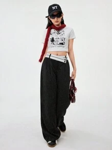 SHEIN Teen Girl Spring/Summer Streetwear/Break Basic Color Block Striped Wide Leg Pants, Parent-Child - Black - View 5