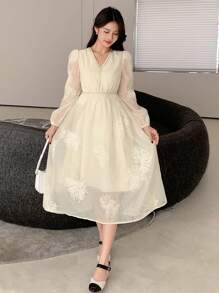 DAZY Vestido de manga abullonada con cuello en V y encaje de contraste, vestido de otoño para mujer