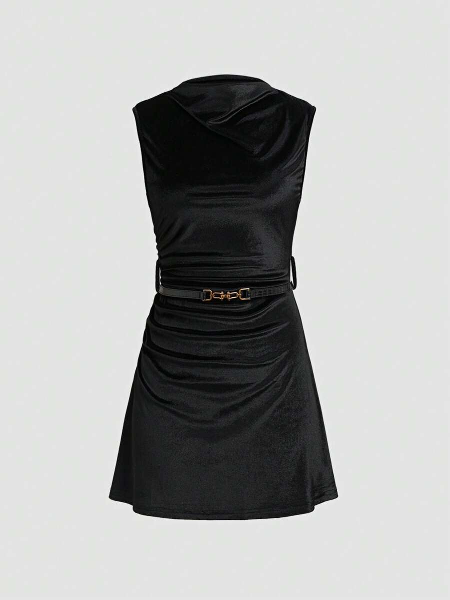 SHEIN Unity Abito midi a collo con cintura, senza maniche, nero - nero - Visualizzare 1