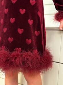 Tween Girl Elegant Burgundy Autumn Wedding Guest Dress,Black Velvet Heart Embossed High Neck Fitted Dress With Feather Trim Cuffs And Hem,Parties - Black - View 6