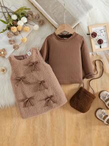 SHEIN Baby Girl Fluffy Dress And Soft Knitted Long Sleeve Top, Autumn/Winter - Multicolor - View 2