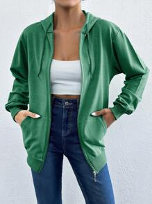 RueChic Fall Casual 100% Cotton Zip Up Drawstring Hoodie - Green - View 3