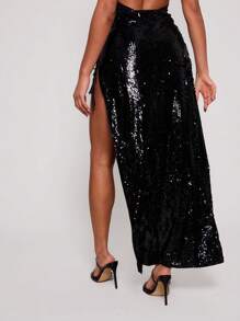 MUSERA 亮片系带侧开衩长裙，适合夜间外出、可爱性感、优雅别致的派对和夏季穿着 - 黑色 - 查看 2