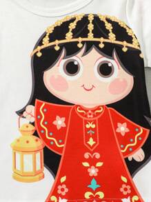 SHEIN 女婴短袖图案 T 恤，柔软舒适的开斋节主题印花圆领上衣，适合户外活动、开斋节庆祝活动和摄影 - 白色 - 查看 4