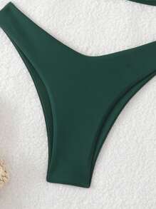 SHEIN Swim 女士纯色细肩带比基尼套装，比基尼上衣和下装，夏季 - 墨綠色 - 查看 3