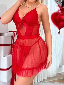 Set de 2 piezas de camisón sexy de encaje con decoración de moño para mujer