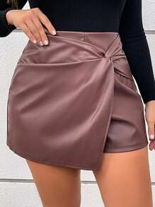 SHEIN LUNE Plus Size Women's Black PU Casual Twist Design Shorts, Autumn Winter Party Women Dresses