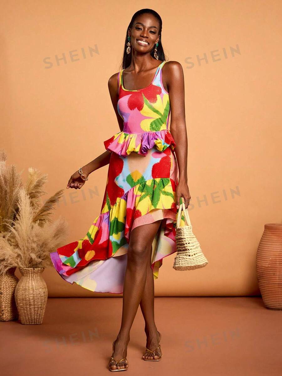 SHAQUITA GARCIA Designer Boho Bohemian Damen Mehrfarbiger niedlicher Blumen Muster asymmetrischer Rüschen Saum Rock, passend für Urlaub, Frühling, Strand, Festival, Ibiza - Verschiedenfarbig - Übersicht 1
